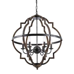 Cambon 6-Light Distressed Black and Brushed Wood Lantern Geometric Chandelier for Living Room Dining Room