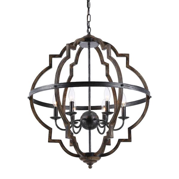 Parrot Uncle Cambon 6-Light Distressed Black and Brushed Wood Lantern Geometric Chandelier for Living Room Dining Room