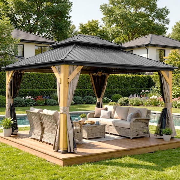 12 ft. x 14 ft. Brown Outdoor Cedar Wood Frame Canopy with Galvanized Steel Double Roof Hardtop Gazebo with Curtains