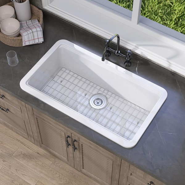 33 in. Drop-In/Undermount Workstation Single Bowl White Center Drain Fireclay Rectangular Kitchen Sink with Accessories