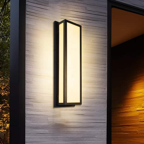 YANSUN 25 in. 30-Watt Black Outdoor Rectangle Hardwired Integrated LED Lantern Wall Sconce with Resin Shade 3000K Waterproof