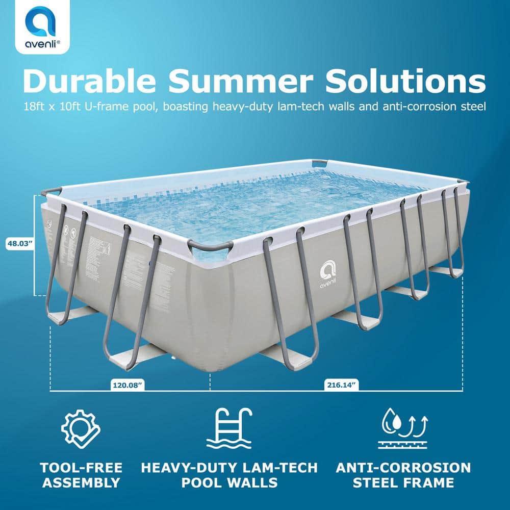 Gray 18 x 10 Foot Rectangular Steel Frame Above Ground Pool