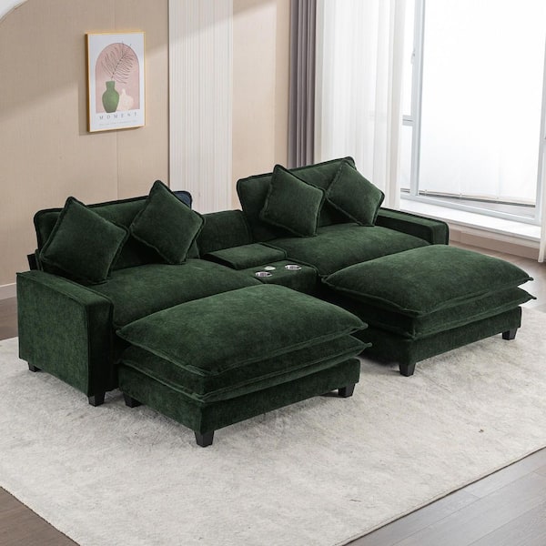111 in. Square Arm Rectangle Chenille Sectional Sofa with 2 Removable Ottoman, USB Ports and Cup Holders in Green