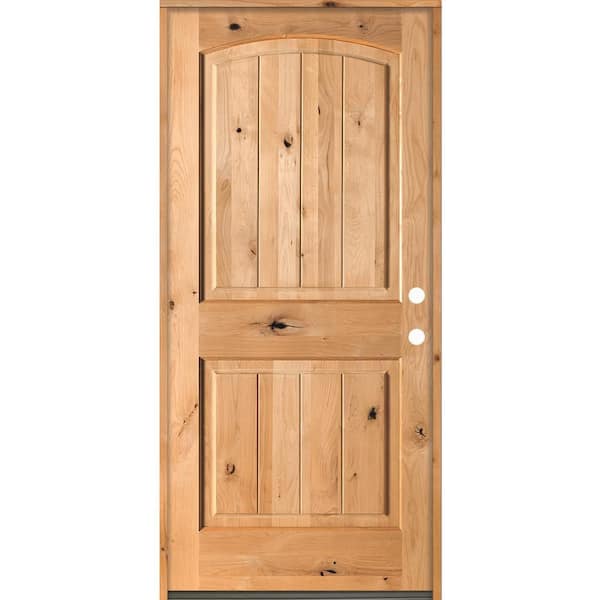 42 in. x 80 in. Rustic Knotty Alder Top Arch V-Grooved Left-Hand/Inswing BEHR Cedar Stain Wood Prehung Front Door