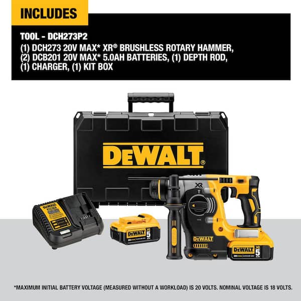 lever Normaal Dusver DEWALT 20V MAX XR Cordless Brushless 1 in. SDS Plus L-Shape Rotary Hammer  with (2) 20V 5.0Ah Batteries and Charger DCH273P2 - The Home Depot