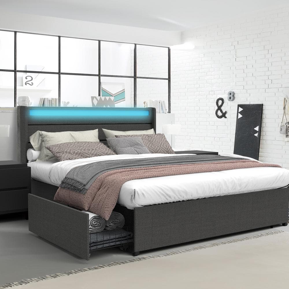 Dark Gray Frame Queen Size Platform Bed with 4 Storage Drawers and 20 Colors LED Upholstered Headboard