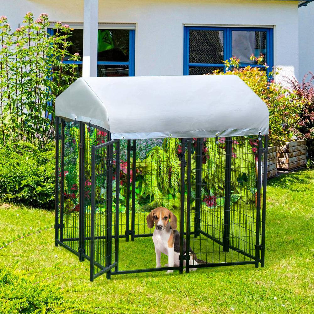 Large Black Steel Outdoor Dog Kennel with UV-Resistant Roof