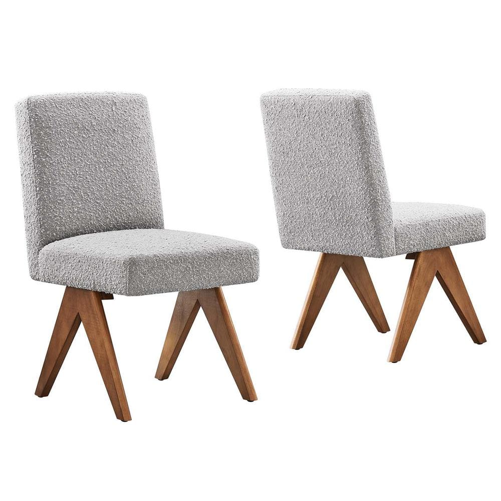 Light Gray Boucle Upholstered Side Chair with Wood Legs