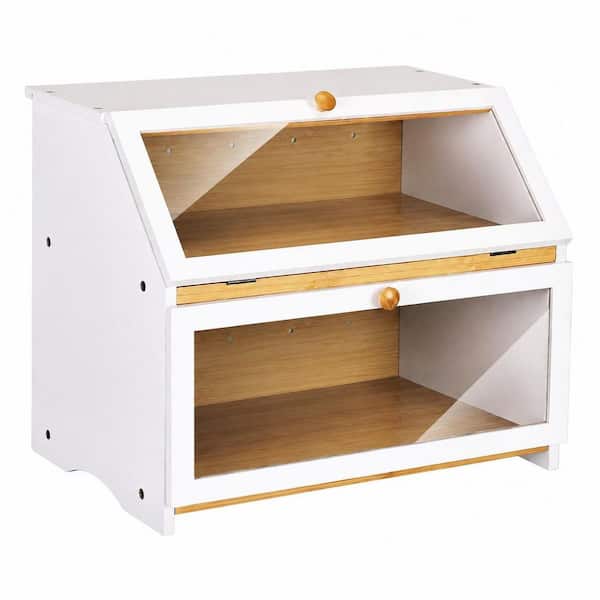 1 Piece 2 Tier White Bamboo Wood Bread Box with Clear Window for Countertop Food Storage