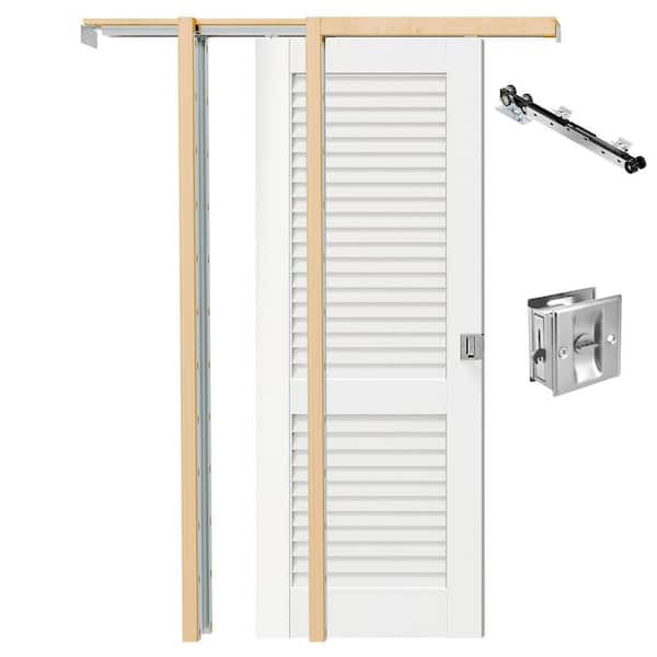 30 in. x 80 in. Louvered Panel White Primed Pine Wood Pocket Door with Lock, Soft-Close and Frame Kit, Laundry Door