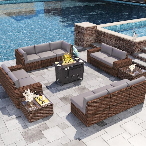Sizzim 13-Piece Patio Wicker Sectional Set with 44 in. Metal Fire Pit Table, Gray Cushions, and Set Covers