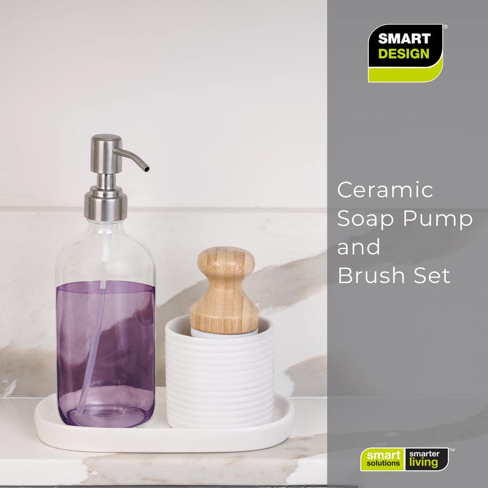 White Ceramic Soap Pump and Brush Set with Tray