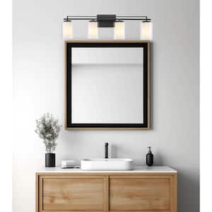 Lisbon 32 in. 4-Light Black Bathroom Vanity Light Fixture with Clear Glass Outer and Opal Glass Inner Shades