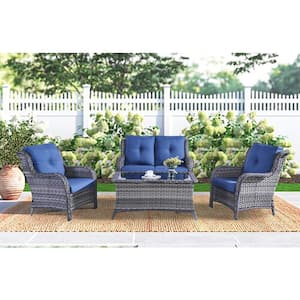 Carolina 4-Piece Wicker Patio Conversation Set with Blue Cushions
