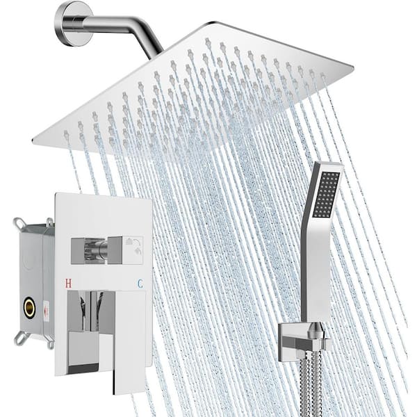 LORDEAR 2-Spray Rain Shower Head with Wall Mount Handheld Shower Head 1.8 GPM in Chrome, Fixed Shower System