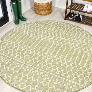 Ourika Moroccan Geometric Textured Weave Light Green/Cream 5 ft. Round Indoor/Outdoor Area Rug