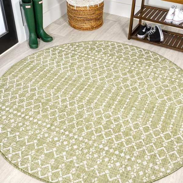 JONATHAN Y Ourika Moroccan Geometric Textured Weave Light Green/Cream 5 ft. Round Indoor/Outdoor Area Rug