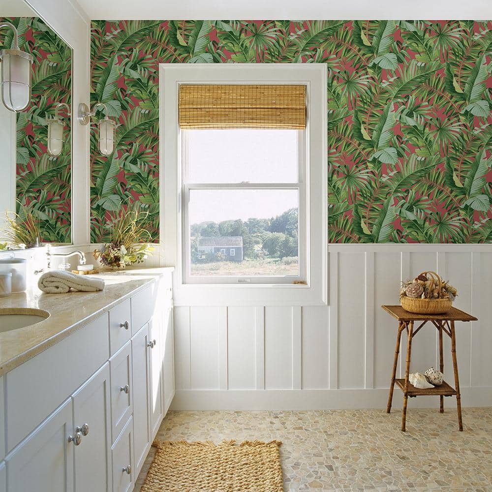 Tropical Pink and Green Palm Leaf Non-pasted Wallpaper