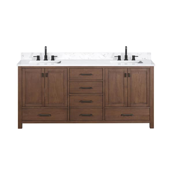 Modero 73 in. Double Sink Mocha Oak Bath Vanity with Cala White Engineered Stone Top