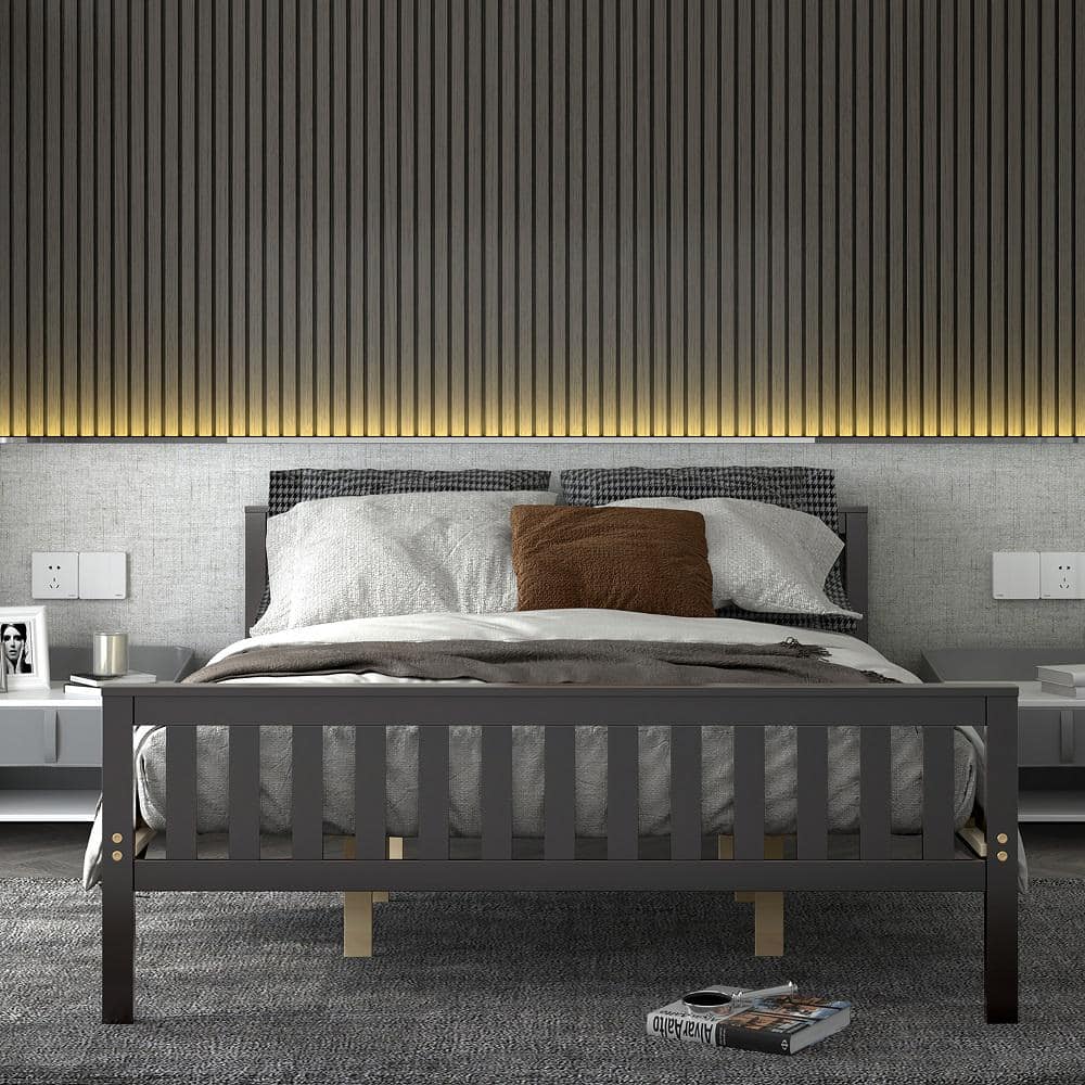 Elegant Espresso Queen Platform Bed with Wooden Frame and Headboard