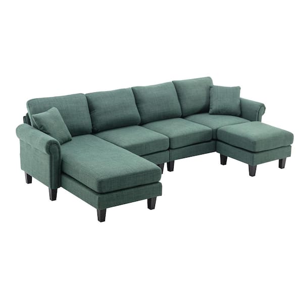 Unbranded 108.66 in. W Rolled Arm Fabric L Shaped Sectional Sofa in Emerald Green with 1 Ottoman
