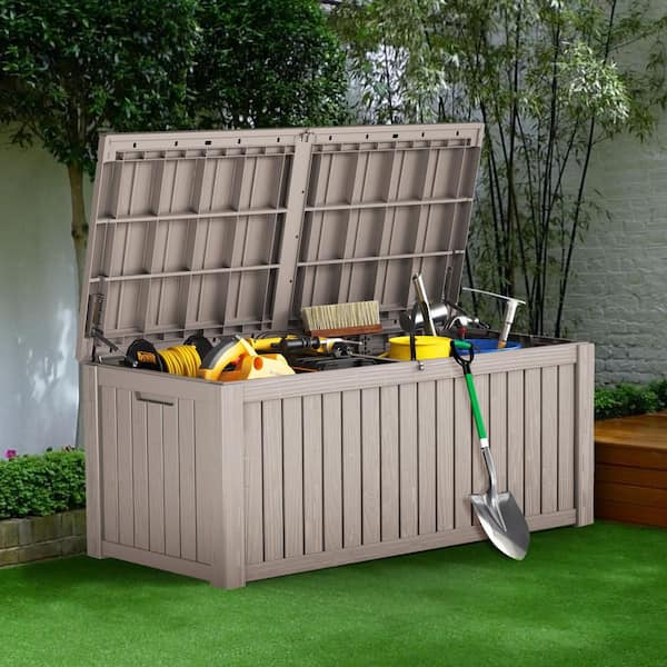 150 Gal. Outdoor Resin Deck Box with Lockable Lid, Heavy Duty Storage Bench for Patio Cushions, Toys, and Garden Tools