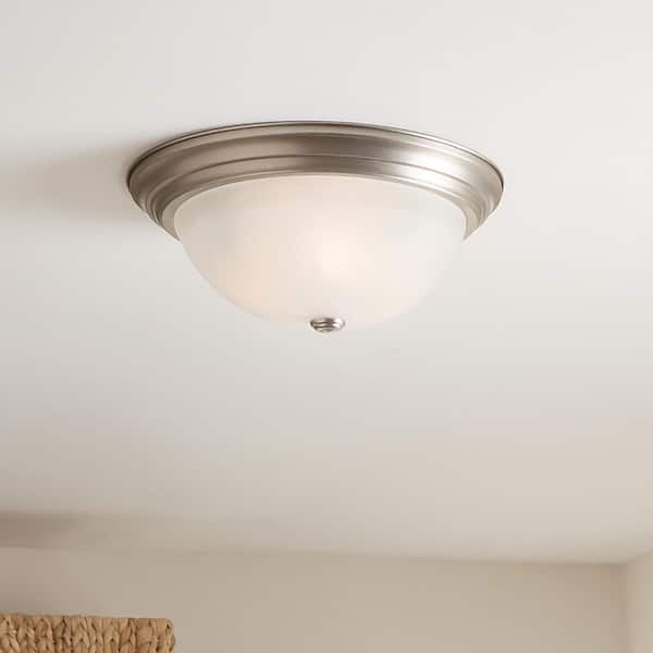 Independence 15.25 in. 3-Light Brushed Nickel Traditional Hallway Flush Mount Ceiling Light with Alabaster Swirl Glass