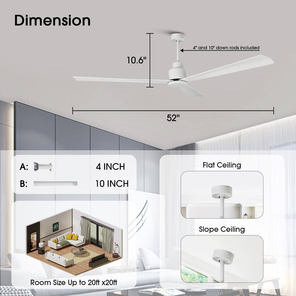 52" Matte White Ceiling Fan with Remote Control and Reversible Blade