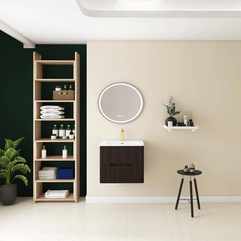 24 in. Wall-Mounted Dark Brown Bath Vanity with White Ceramic Top Assembled