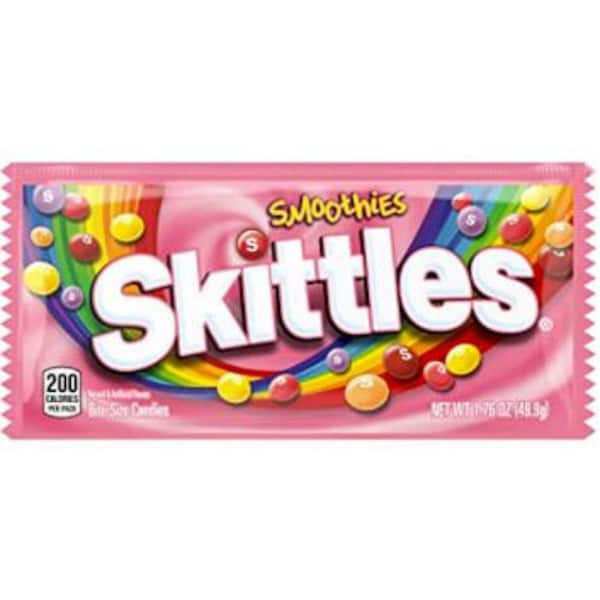 Skittles A Delicious mix of creamy fruit smoothies: Strawberry Banana, Raspberry, Blueberry, Peach Guava & Mango. 4 oz. candy
