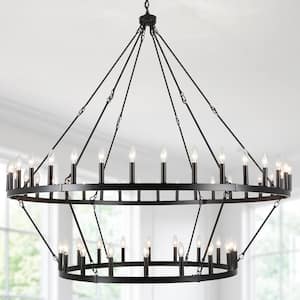 60 in. 54-Light Matte Black Wagon Wheel Chandelier 2 Tier Extra Large Farmhouse Round Industrial Ceiling Hanging Light