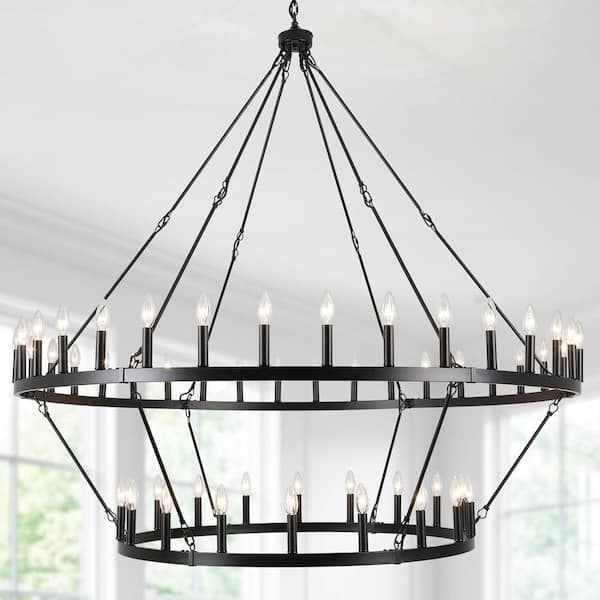 null 60 in. 54-Light Matte Black Wagon Wheel Chandelier 2 Tier Extra Large Farmhouse Round Industrial Ceiling Hanging Light