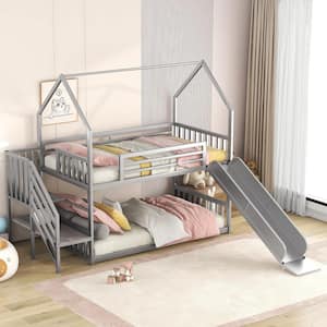 Twin over Twin Metal House Bunk Bed with Slide and Staircase, Silver