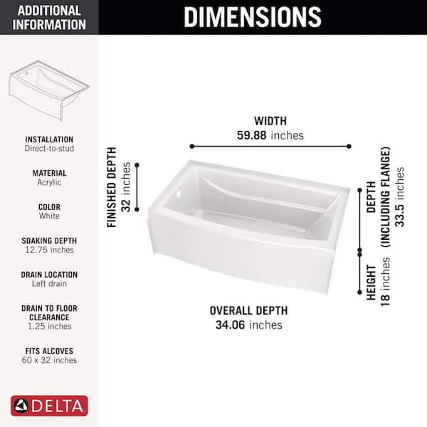 Delta - Classic 500 Curve 60 in. x 32 in. Alcove Deep Soaking Bathtub with Left Drain in High Gloss White