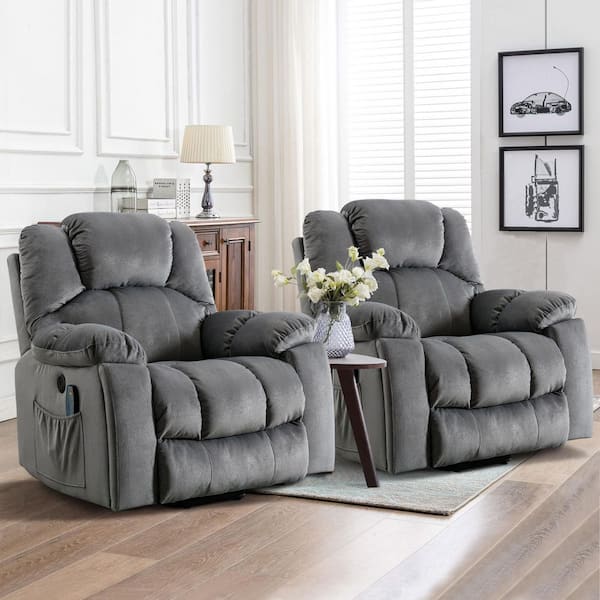 Set of 2- 40.6" W Grey Microfiber Oversize Power Lift Recliner Chair with Massage and Heating
