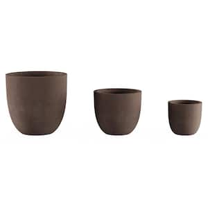 Light-Weight Fiber Clay Flower Pots-17.5 in., 13.5 in., and 9.75 in. Dia Large Outdoor Planters (Set-3), Antique Brown