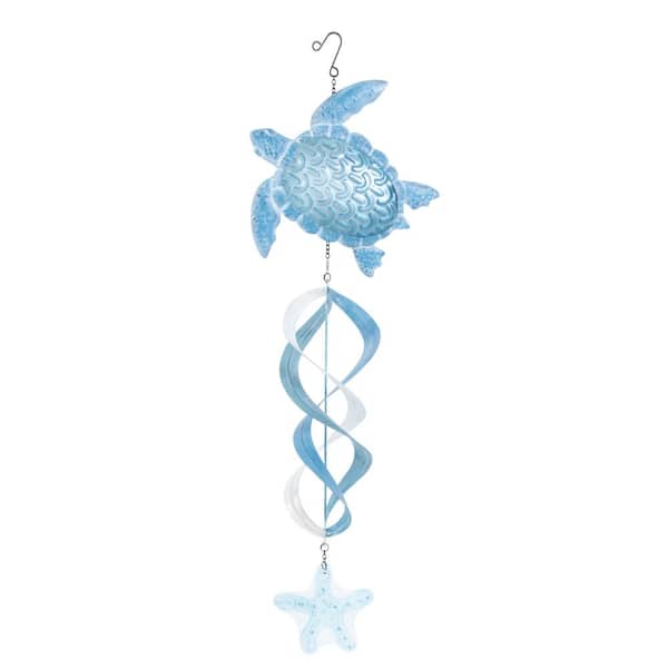 Litton Lane 33 in. Blue Metal Swirl Wind Spinner Windchime with Starfish Accent