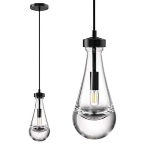 1-Light Modern Black Chandelier, Pendant Light Kitchen Island with Raindrop Glass Shade, (1-Set)