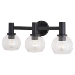 Marshall 23.5 in. W 3 Light Matte Black Vanity Light Transitional Bathroom Wall Fixture Clear Glass