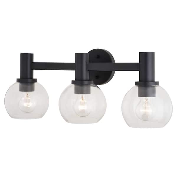 VAXCEL Marshall 23.5 in. W 3 Light Matte Black Vanity Light Transitional Bathroom Wall Fixture Clear Glass