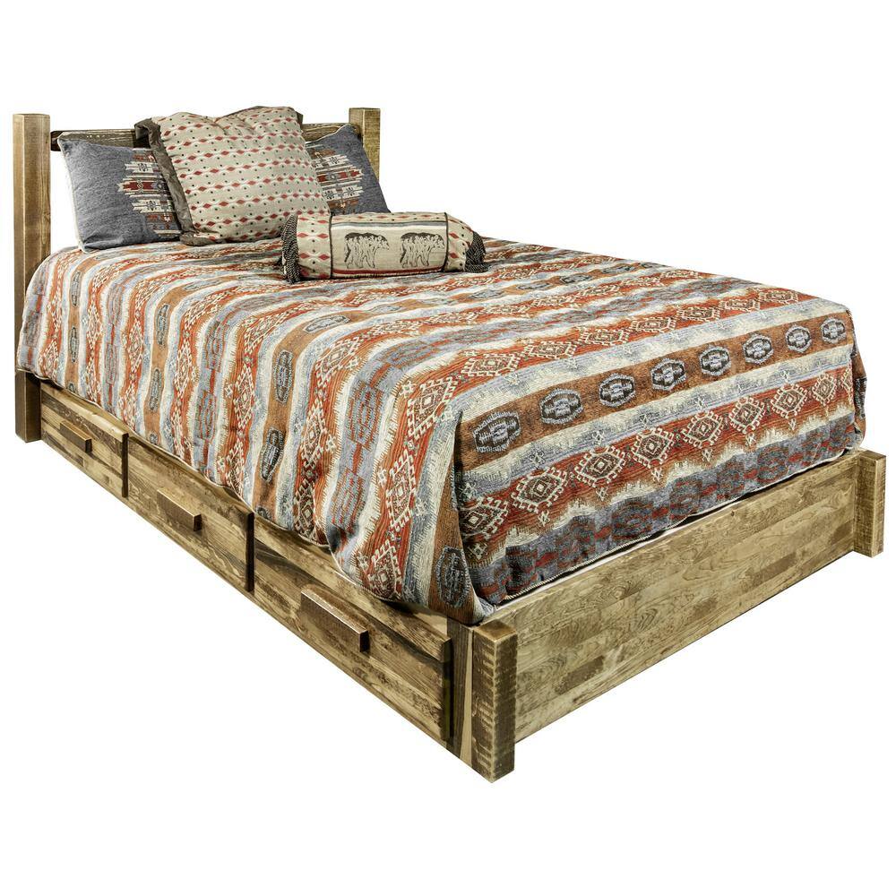 Early American Pine King Platform Bed with Storage Drawers