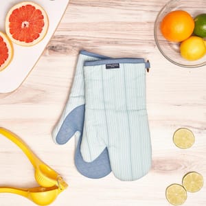 Aqua Striped 100% Cotton Oven Mitts With Silicone Palm (Set of 2)