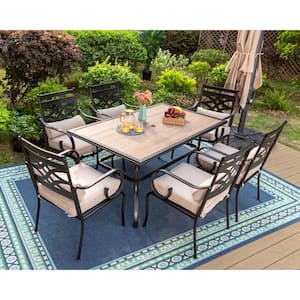 7-Piece Metal Patio Outdoor Dining Set with Stationary Chair with Beige Cushions