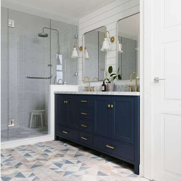 ARIEL Cambridge 73 in. W x 22 in. D Vanity in Midnight Blue with Marble ...