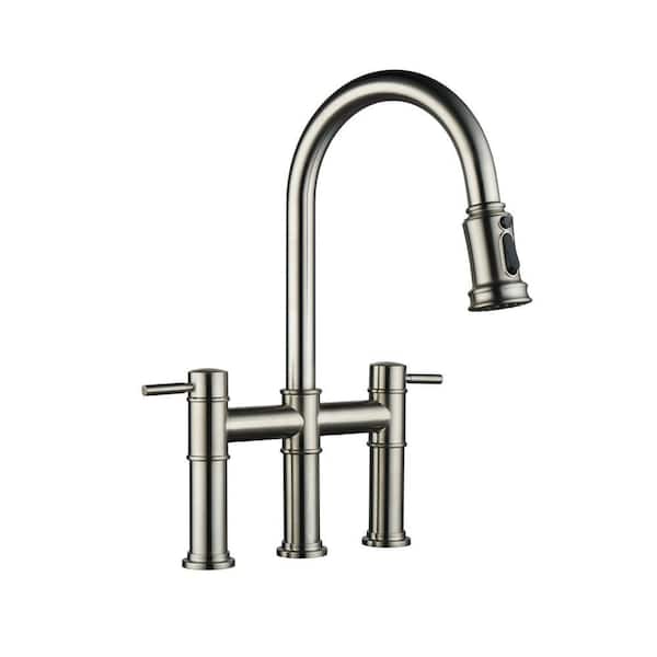 Double Handle Bridge Kitchen Faucet with Pull Down Sprayer in Brushed Nickel