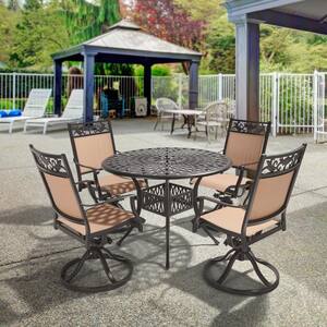 Classic Dark Brown 5-Piece Cast Aluminum Outdoor Dining Set with Round Table and Swivel Dining Chairs