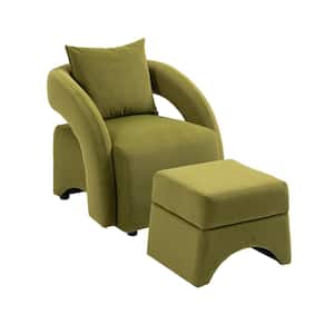 Modern Olive Green Velvet Upholstered Barrel Arm Accent Chair with Ottoman