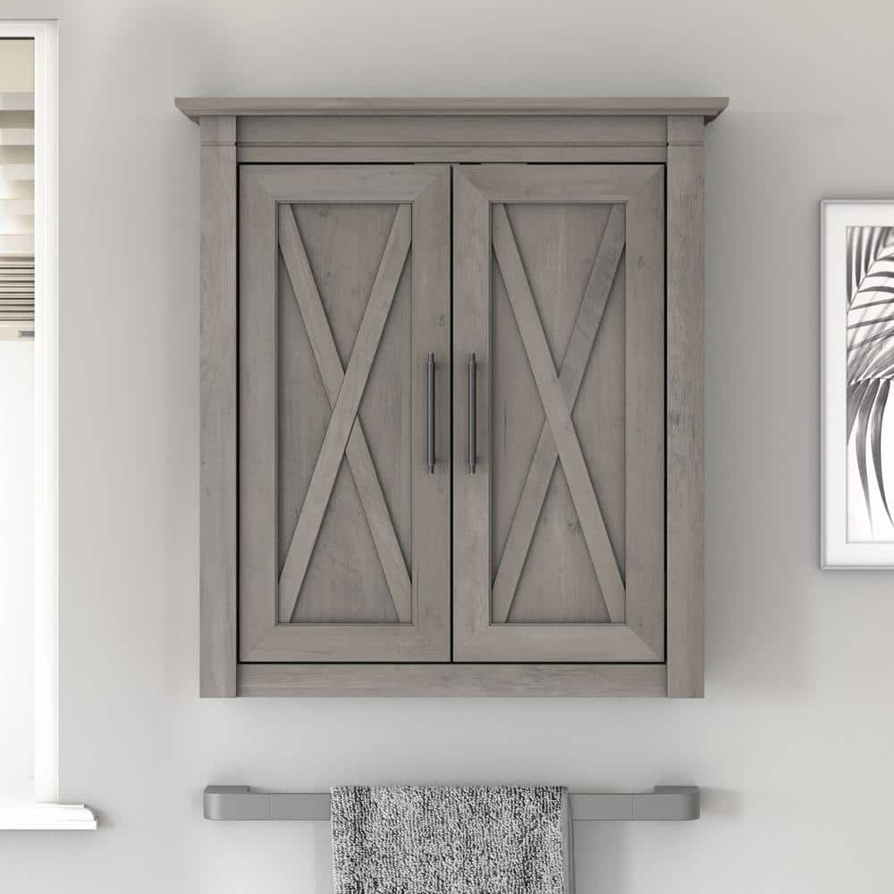 Driftwood Gray Distressed Laminate Bathroom Wall Cabinet with X-Pattern Doors
