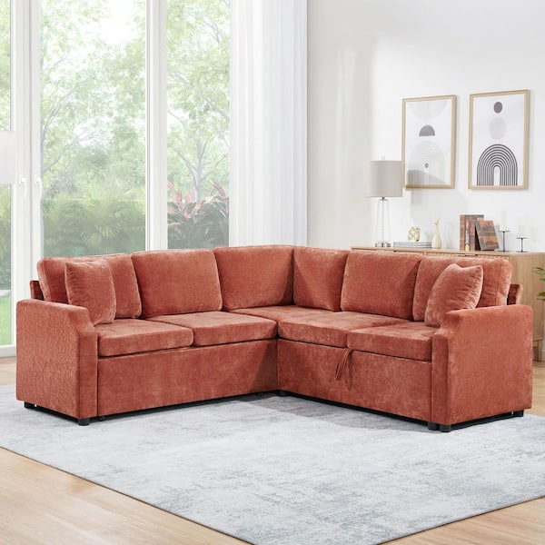 Orange 81.9 x 81.9 in. L-shaped Chenille Queen Size Sectional Sofa Bed with Sofa Sleeper and Hidden Storage Compartment