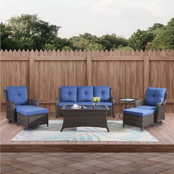 Brown 7-Piece Wicker Patio Conversation Set with Swivel Rockers, Outdoor Sofa Seating Set with Olefin Navy Blue Cushions